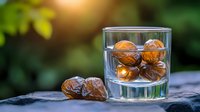 Fresh dates soaking in pure water glass on dark stone surface against blurred green garden background with sunlight flare, healthy natural food concept.