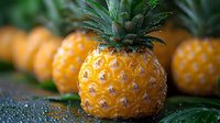Fresh ripe pineapple with water drops on dark background, selective focus on foreground fruit with blurred pineapples and green leaves behind.