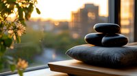 Balanced zen stones on meditation cushion by window with golden sunset cityscape view, creating peaceful atmosphere for mindfulness practice.