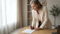 Professional mature blonde businesswoman in beige suit signing contract documents at modern office desk, corporate executive workplace setting.