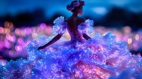 Magical silhouette of dancing woman in glowing ethereal dress with flowing fabric against bokeh lights background, fantasy art concept in purple and blue tones.