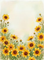 Watercolor yellow wildflowers with green stems framing soft pastel background, copy space for text, greeting card or invitation design.