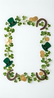 St Patricks Day frame with shamrock leaves, leprechaun hats, horseshoes and gold coins on white background for Irish holiday celebration design.