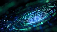 Glowing spiral of digital data streams in blue and green colors against dark background creates futuristic technology visualization effect.