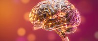 Transparent crystal brain with glowing neural networks on vibrant gradient background for medical education, neuroscience research and cognitive health concepts.