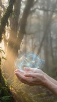Mystical glowing energy orb floating above cupped hands in enchanted forest with golden sunlight rays streaming through moss-covered trees for spiritual concepts.