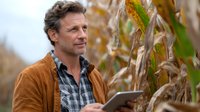 Caucasian male farmer in brown suede jacket using digital tablet while inspecting corn crop during autumn harvest season in agricultural field.