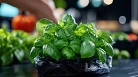 Fresh green basil herb plant in black pot on kitchen counter with blurred vegetables and produce in background, ready for cooking and culinary use.