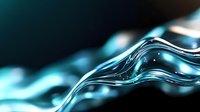 Flowing liquid abstract in turquoise and dark blue colors with dynamic wave motion effect, droplets and splashes creating modern artistic background pattern.