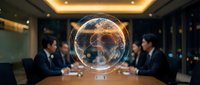 Business professionals discussing global strategy with holographic Earth projection in modern conference room for corporate presentations.
