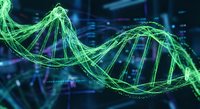 Green DNA double helix structure with glowing effects on dark blue background for biotechnology and genetic research presentations.