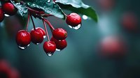 Fresh red cherries on branch with water drops after rain against dark blurred background. Natural organic fruit macro photography with bokeh effect.