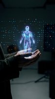 Holographic human anatomy projection floating above open hands with digital interface elements for medical technology and healthcare innovation concepts.