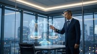 Professional businessman in suit interacting with holographic justice scales in modern office boardroom with city skyline view at dusk.