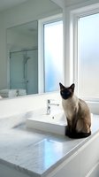 Siamese cat sitting on marble bathroom counter near modern sink with natural window light creating peaceful domestic scene for pet lifestyle content.