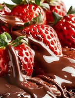 Fresh ripe strawberries with flowing melted chocolate sauce creating luxurious drips and swirls, macro food photography for dessert and confectionery marketing.