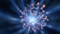 Glowing molecular structure with blue light rays radiating from center against dark background, scientific visualization of chemical compound or atomic bonds.