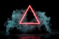 Glowing neon pink triangle floating above dark rocks with atmospheric smoke effects and water reflection on black background, creating mysterious ambiance.