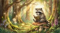 Cute raccoon reading book in magical forest with glowing lights and mushrooms, fantasy woodland scene for children's stories and educational materials.