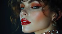 Young Caucasian woman with bright red lips, glittery copper eyeshadow and dramatic makeup in dark moody lighting. Close-up beauty portrait showing glamorous evening look.