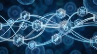 Medical technology network with hexagonal icons and flowing connections on blue background representing healthcare innovation and digital medicine systems.