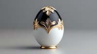 Elegant decorative egg in black and white with ornate gold baroque patterns and filigree details on pedestal against neutral background. Luxury collectible art piece.