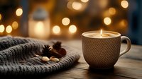 Cozy winter evening with burning candle in ceramic cup, warm knitted sweater and bokeh lights creating magical atmosphere on wooden table.