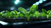 Young green seedling emerging from soil with water droplets in modern hydroponic garden, illuminated by grow lights. Close up macro photography shows plant growth stages.