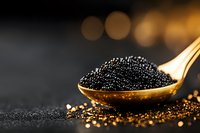 Black caviar on golden spoon against dark background with bokeh lights, luxury gourmet food styling for fine dining and exclusive gastronomy concept.