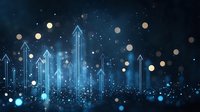 Abstract digital growth arrows rising upward with glowing particles and bokeh lights on dark blue background representing business success and progress.