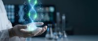 Scientist holding glowing DNA double helix hologram in laboratory for genetic research and biotechnology innovation in medical science and healthcare.