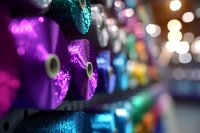 Colorful sewing thread spools arranged in rows with soft bokeh background, featuring vibrant purple, blue, and green tones in macro photography detail.