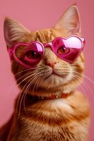 Orange tabby cat wearing pink heart-shaped sunglasses on pink background. Stylish feline portrait for Valentine's Day, love themes, and trendy pet concepts.