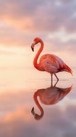 Vibrant red flamingo wading in shallow water at sunset with mirror reflection on calm surface and soft pastel sky backdrop.