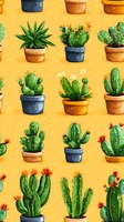 Seamless pattern with various potted cactus and succulent plants on yellow background. Decorative repeating design for fabric, wallpaper, and surface patterns.