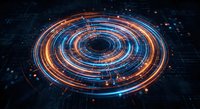 Futuristic digital circular interface with glowing orange and blue light rings on dark tech background for cybersecurity and data visualization projects.