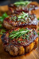 Juicy grilled beef steaks with caramelized crust garnished with fresh rosemary sprigs on wooden cutting board, perfect for gourmet dinner menu.