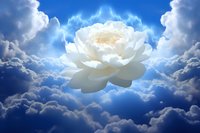 Glowing white lotus flower floating in dramatic blue cloudy sky with divine light rays, symbolizing spiritual enlightenment, purity and transcendence.