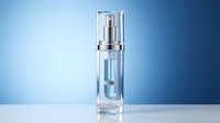 Luxury clear glass cosmetic serum bottle with silver pump dispenser on gradient blue background for skincare and beauty product packaging design.
