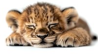 Adorable lion cub with closed eyes resting peacefully on white background, perfect for wildlife photography, nursery decor, and animal-themed designs.