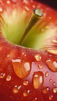 Fresh red apple with water droplets in extreme macro photography showing stem detail and natural moisture on glossy surface. Perfect for healthy lifestyle content.