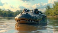 Close-up view of an alligator head emerging from calm water surface at sunset, with sharp teeth visible and textured scaly skin reflecting golden light.