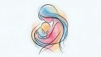 Tender mother holding newborn baby in loving embrace with flowing hair and soft pastel colors on light background for maternal care designs.