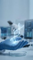 Scientist in blue latex gloves holding glowing DNA helix above petri dish in modern laboratory setting with blurred equipment background.