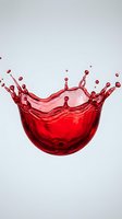Red liquid splash with crown-like formation and droplets suspended in mid-air against white background, suitable for beverage, juice, and drink packaging design.