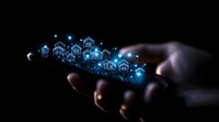 Glowing digital houses float above smartphone screen in dark background, illustrating smart home technology and real estate digital transformation concept.