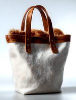 Stylish canvas tote bag with brown leather handles and fur trim detail on white background, minimalist fashion accessory for everyday use.