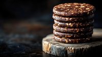 Stack of dark chocolate sandwich cookies with cream filling on rustic wooden slice against dark background, macro food photography with selective focus.