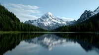 Serene mountain lake reflects snow-capped peaks and evergreen forest under blue sky, creating mirror-like symmetry in pristine wilderness landscape.