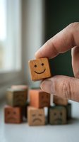 Hand holding wooden cube with smiley face among blocks showing different emotions for positive thinking and happiness concept.